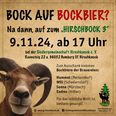 "HIRSCHBOCK 3" – Das Bockbierfest 2024 🦌🍺
Am 09.11.2024